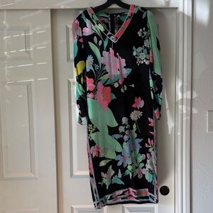 Floral silk V-Neck Dress - Black and Multicolor
